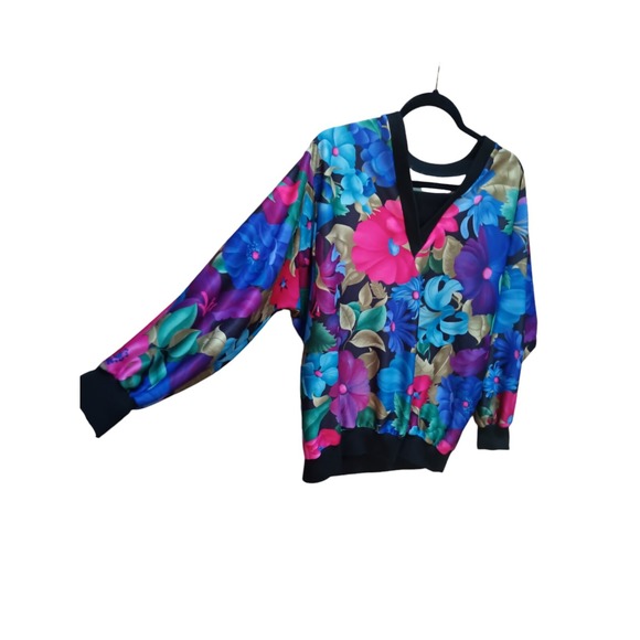 Bright Satin Floral Large Pullover Sweater Retro 90's Grannycore - Picture 1 of 5